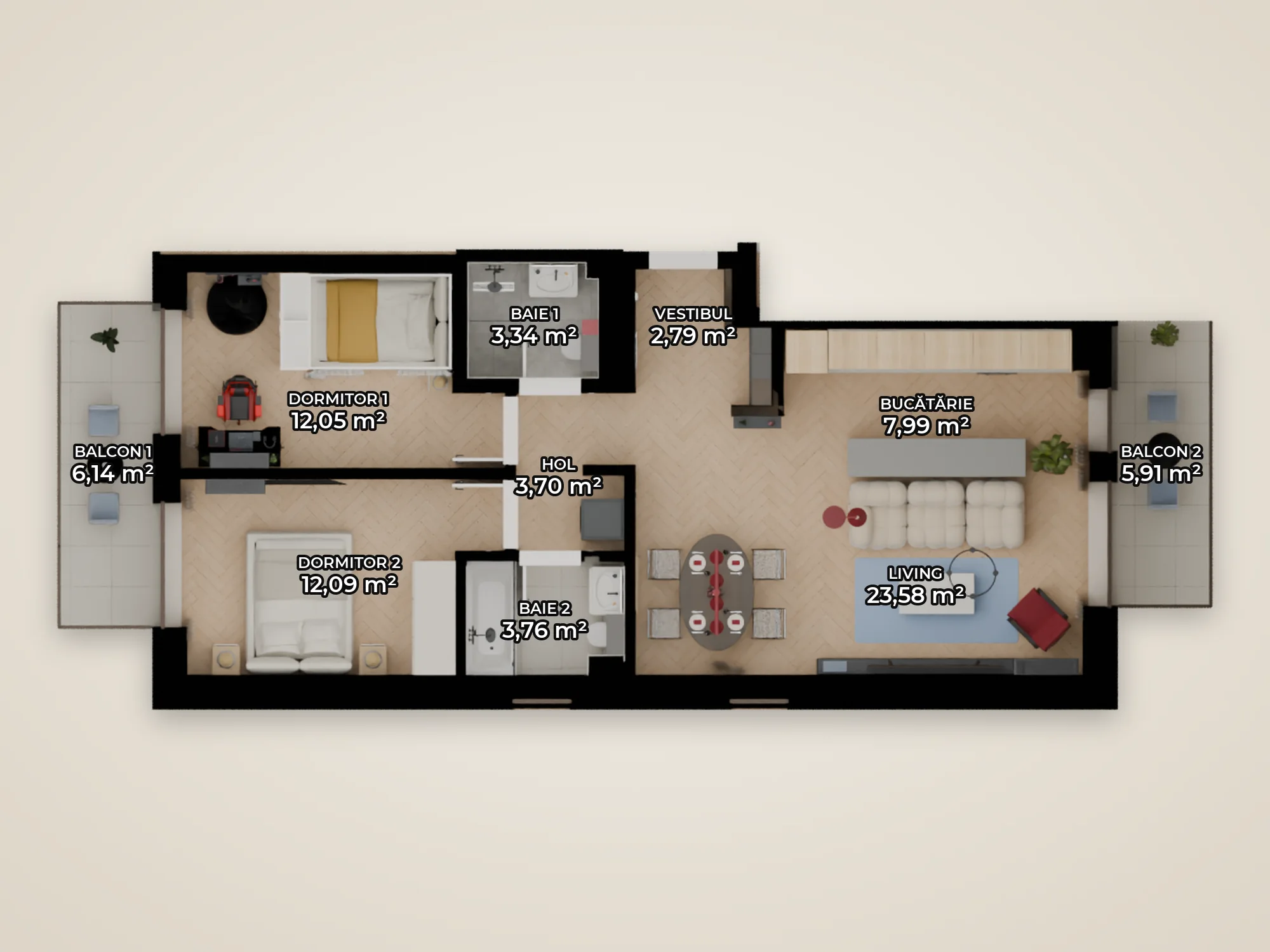 Plan 3 Camere Tip 1 cu suprafețele camerelor