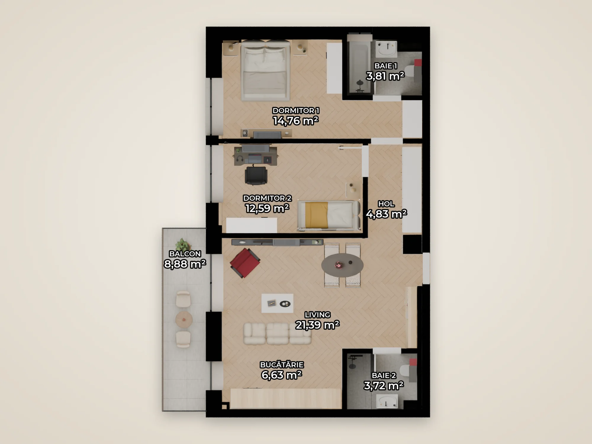 Plan 3 Camere Tip 2A cu suprafețele camerelor