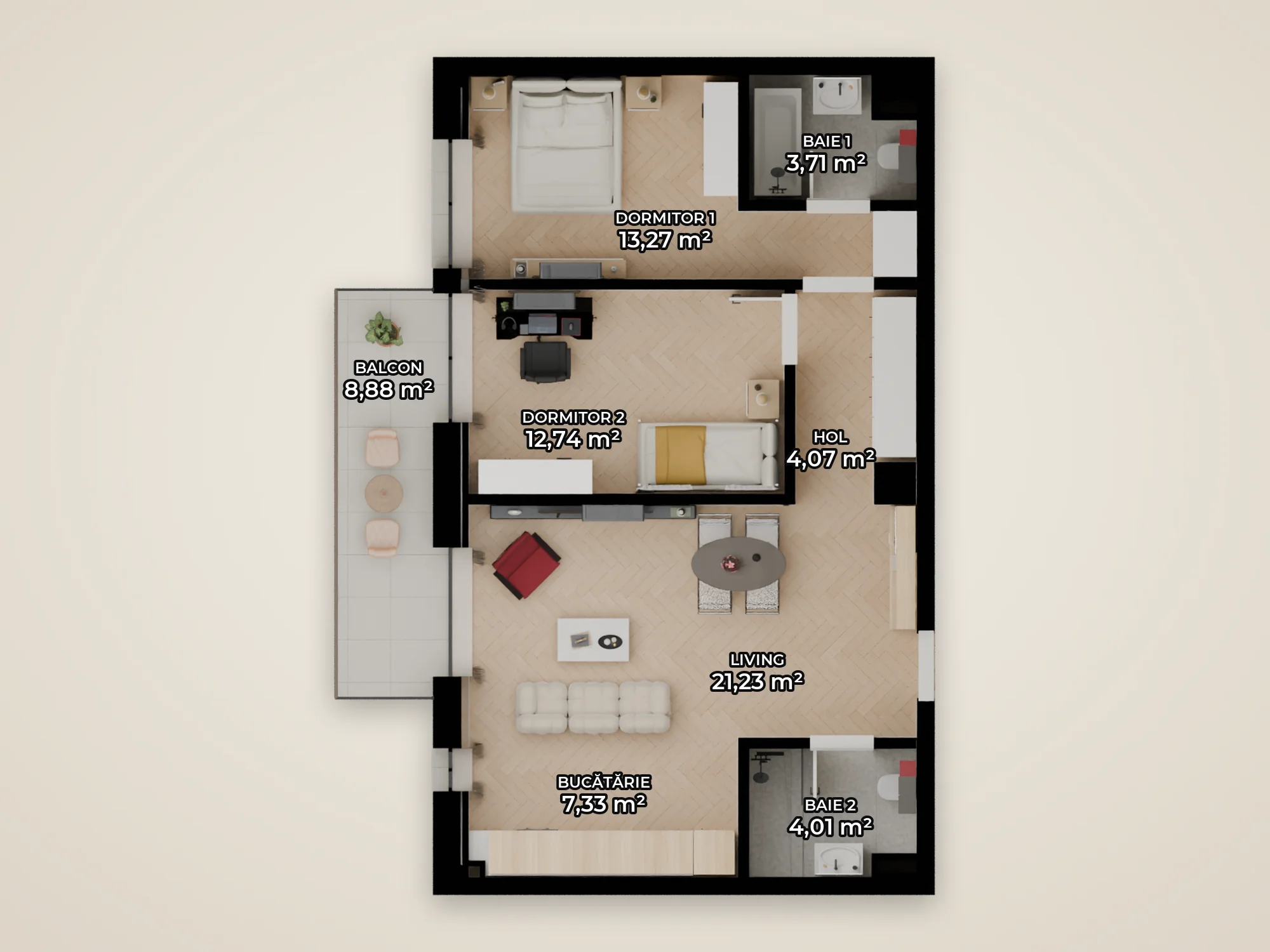 Plan 3 Camere Tip 2B cu suprafețele camerelor
