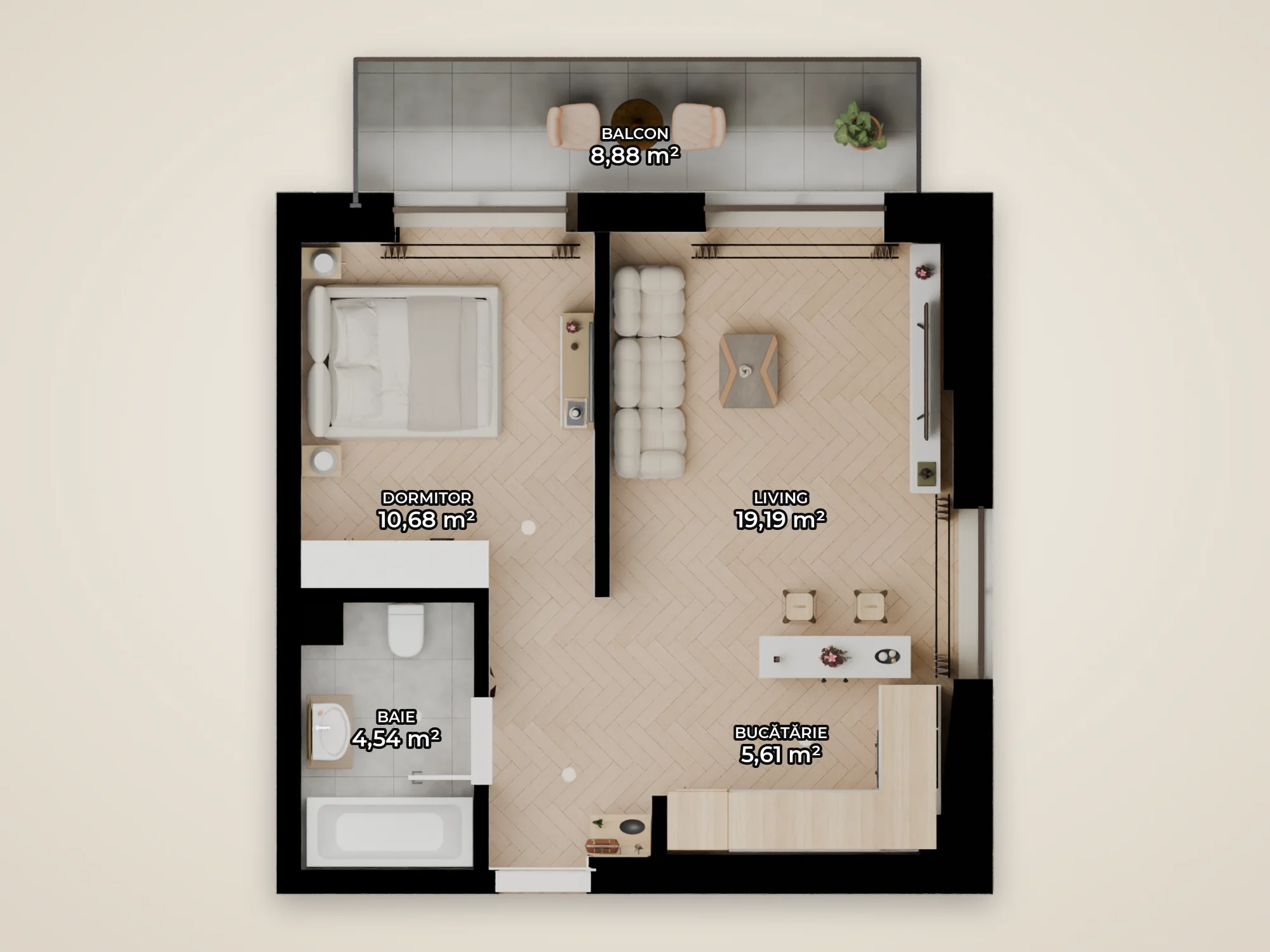 Plan Studio cu suprafețele camerelor